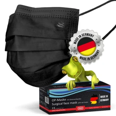 Abbildung von kela OP Maske 50x Medizinische Schwarz 100% Made in Germany OEKO TEX Standard Premium Atemschutz Mundschutz MNS Typ IIR Einwegmaske