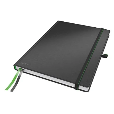 Abbildung von Leitz Complete Qualitäts Notizbuch A4 kariert, 160 Seiten, 80 Blatt, Hardcover Mit hochwertigem Einband, 100 g/m² Papier, Gummizugverschluss, Textilbänder, Stiftelasche, Tasche, Schwarz, 44710095