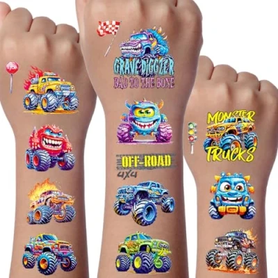 Abbildung von Monster Truck Glitzer Tattoo Set Kinder, 12 Blätter Tattoos für Temporäre Deko Kindergeburtstag, Geburtstag Party Geschenk Dekorationen, Hautfreundliche