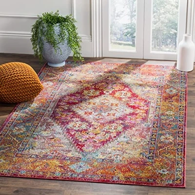 Abbildung von SAFAVIEH Boho Teppich für Wohnzimmer, Esszimmer, Schlafzimmer Crystal Collection, Kurzer Flor, Hellblau und Fuchsia, 91 X 152 cm