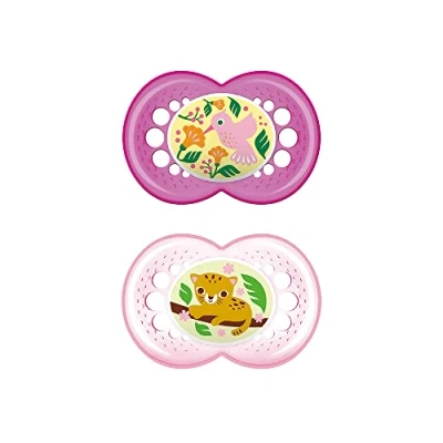 Abbildung von MAM Schnuller, ab 16 Monaten, mit symmetrischem Sauger, flach und flexibel, aus weichem Silikon, leicht anzunehmen, selbststerilisierender Box, Original, Rosa, 2 Stück