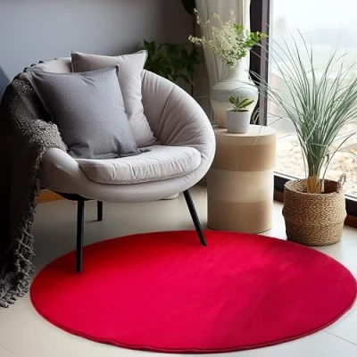 Abbildung von Carpettex Teppich Wohnzimmer Anti Rutsch Waschbar in Waschmaschine 120 cm Rund Rot Moderner Flauschiger Kurzflor Extra Weich Schlafzimmer Küche Flur Esszimmer Kinderzimmer