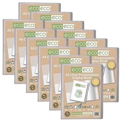 Abbildung von eco Präsentationsbuch, A5, 50% recycelt, 60 Taschen, transparent, Aufbewahrungsbox, Portfolio Kunstmappe mit Kunststoffhüllen, 12 Stück, eco131 x
