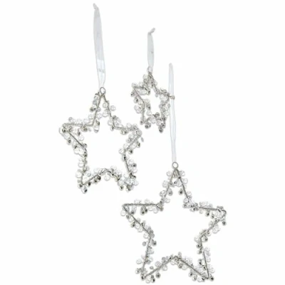Abbildung von Loberon Weihnachtsschmuck 3er Set Harley, DREI Größen, Sternen Form, mit funkelnden Perlen umwickelt, Weihnachten, Weihnachtsdeko, Christbaumschmuck, Eisen, Glassteinchen, Chiffon, Silber