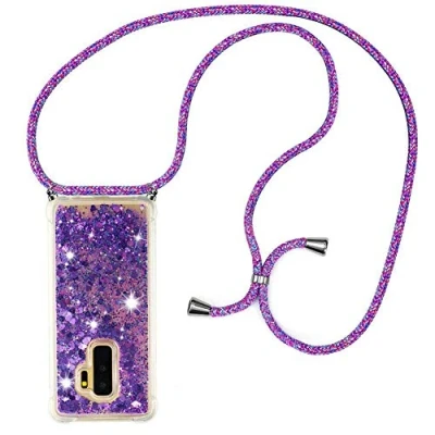 Abbildung von HongMan Handykette für Samsung Galaxy S9+/S9 Plus Glitzer Flüssig Bewegende Treibsand Handyhülle+Case mit Umhängeband Handykordel Schutzhülle Hülle Band Kette Hülle(lila)