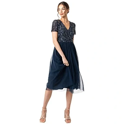 Abbildung von Maya Deluxe Damen Midi Kleid mit V Ausschnitt, Verziert Brautjungfernkleid, Navy, 40