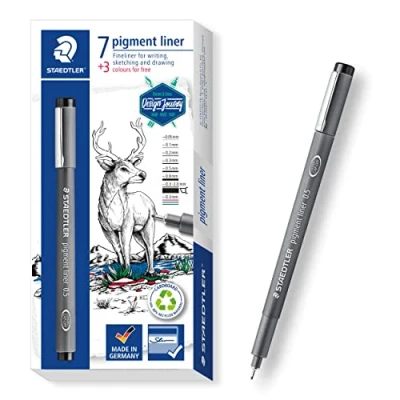 Abbildung von STAEDTLER Pigment Liner in unterschiedlichen Linienbreiten mit 3 Gratis, dokumentenechte Pigmenttinte, Lange Lebensdauer, 7 bunte Liner, Mehrfarbig, 1 Stück (1er Pack)