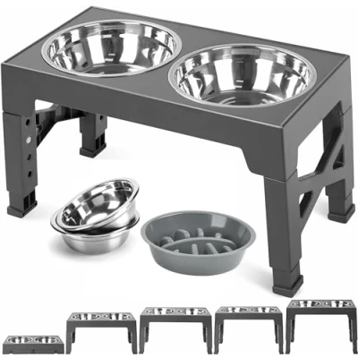 Abbildung von TUAHOO Erhöhte Hundenäpfe 5 Höhenverstellbare Fütterung, Futternapf für Hunde mit 2 Edelstahl Schüsseln 1200ml &amp; Langsamfutternapf 800ml, Futterstation Kleine, Mittelgroße, Große
