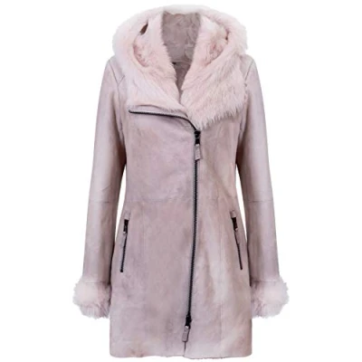 Abbildung von Infnity Leather Damen Nicht Gerade Weiss Frost Grau Mit Kapuze Wildleder Merino Shearling Schaffell Jacke L