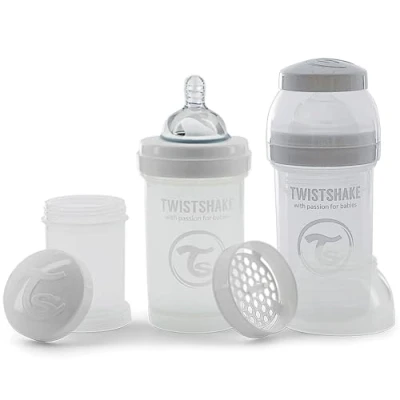Abbildung von Twistshake 2x Anti Kolik Flaschen mit Milchpulverbehälter und Mixer 180ml Langsamflusssauger aus Silikon BPA freie Babyflasche 0+ Monate Weiß