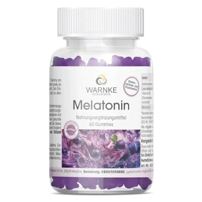 Abbildung von Melatonin Gummies 60 Stück 0,5mg bioaktives Schlafhormon mit Vitamin B6, Lavendel und Baldrianextrakt HOCHDOSIERT Deutsche Apothekenqualität vegan Warnke Vitalstoffe