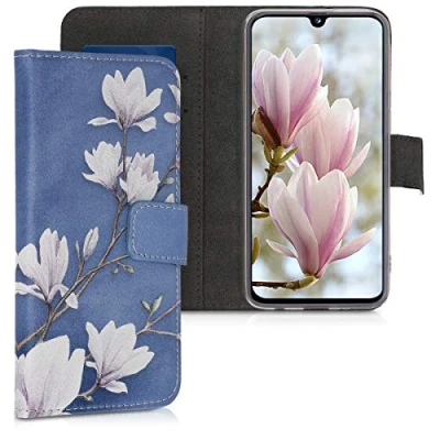 Abbildung von kwmobile Wallet Case kompatibel mit Samsung Galaxy A40 Hülle Cover Ständer und Kartenfächern Magnolien Taupe Weiß Blaugrau