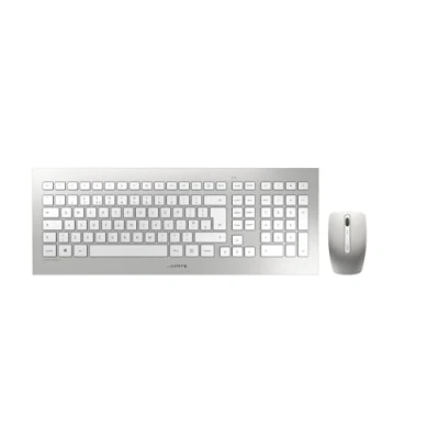 Abbildung von CHERRY DW 8000, kabelloses Tastatur und Maus Set, UK Layout (QWERTY), batteriebetrieben, ultraflache Tastatur, 3 Tasten mit Infrarotsensor, Weiß Silber
