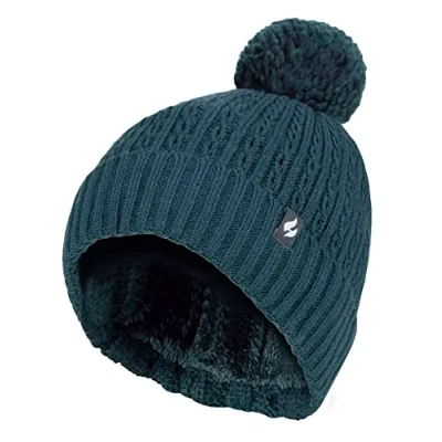 Abbildung von HEAT HOLDERS Damen Thermo Mütze mit Zopfmuster Winter Gestrickt Bommelmütze Weiche Gerippte Pom (Einheitsgröße, Blaugrün)