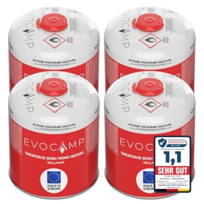 Abbildung von EVOCAMP Gaskartusche 4x Propan Butan 450g, Schraubkartusche Eurogewinde 7/16&quot;, Zubehör für Weber Grills Q100 1200 Serien, 4 St.