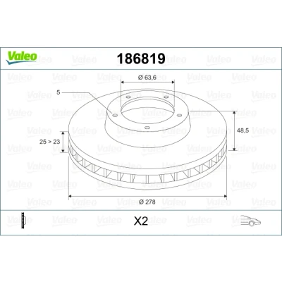 Abbildung von VALEO Bremsscheibe VOLVO: S40 II, V50, V40 Schrägheck, FORD: Focus 2 Kombi, C Max Vorderachse 25mm 5 loch Belüftet 186819 1223663
