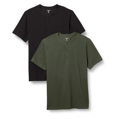 Abbildung von Amazon Essentials Herren Kurzärmliges Henley Shirt aus Piqué mit schlanker Passform, 2er Pack, Olivgrün/Schwarz, XXL