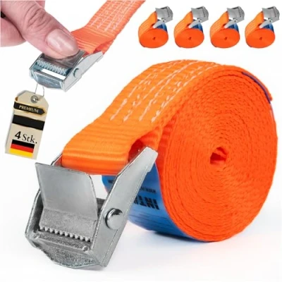 Abbildung von INTAKO Spanngurte mit Klemmschloss 25 mm x 250 kg 4 Stück DIN EN 12195 2 Gurte zum Befestigen Zurrgurt Schnellverschluss Gurtband für Fahrräder, Trolleys (4m)