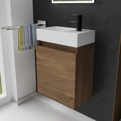 Abbildung von Alpenberger Badmöbel Set Gäste WC Waschbecken mit Unterschrank Badschrank Hängend, (2 tlg. Waschtisch Eiche, Waschbeckenunterschrank Softclose), Waschplätze für Kleine Bäder Hängend und Vormontiert