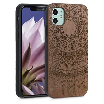Abbildung von kwmobile Hülle kompatibel mit Apple iPhone 11 Holz Case Handy Cover TPU Handyhülle in Dunkelbraun Indische Sonne
