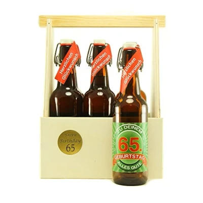 Abbildung von Bier Geschenk 6 er Holz Träger mit Fl. 65. Geburtstag