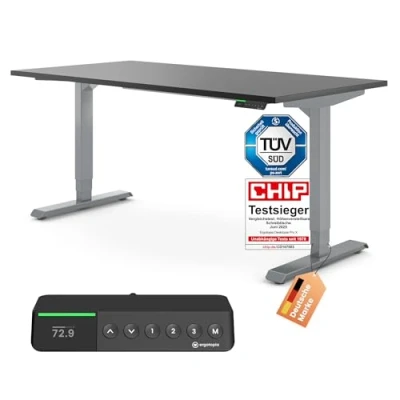 Abbildung von Ergotopia Desktopia Pro x Elektrisch höhenverstellbarer Schreibtisch, Ergonomischer Stehtisch für Büro oder Home Office (Schwarz, Gestell Grau, 160 80 cm)