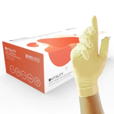 Abbildung von UNIGLOVES lano e Powder gratis transparenter Latex Einweg Handschuhe Box x100