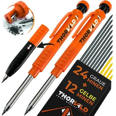 Abbildung von THORVALD Set Tieflochmarker Bleistift (2 x Zimmermannsbleistift + 38 Minen Spitzer Schreibgriff) Handwerker Holz Metall Beton Bau