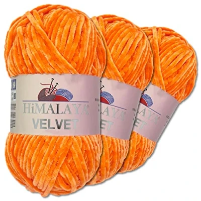 Abbildung von Wohnkult Himalaya 3 x 100 g Velvet Dolphin Wolle 40 Farben zur Auswahl Chenille Strickgarn Flauschwolle Glanz Accessoire Kleidung Decken (90016 Kürbis)
