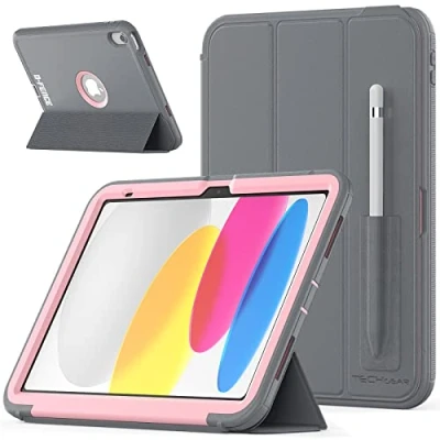 Abbildung von TECHGEAR D Fence Kompatibel mit Apple iPad 10. Generation 2022 Hülle (10.9) Schlanker, Schlagfester, Robuster Schutzanzug Rüstung Defence Smart Fall, Kinder Schule Bauherren Arbeiter + Folie, Rose
