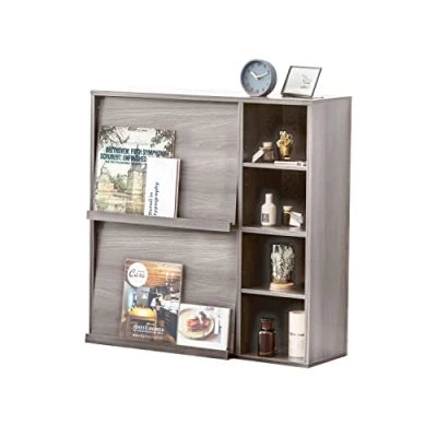 Abbildung von Iris Ohyama, Möbel, Regal, Bücherregal, mit 2 Klapptüren und 4 Fächern, Modular, Büro, Schlafzimmer, Wohnzimmer, Esszimmer Flap Rack FR F2 Eiche Grau