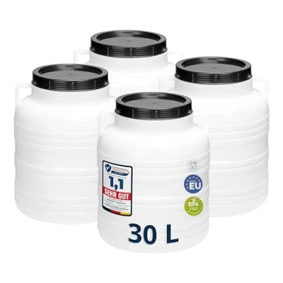 Abbildung von Garronda Set 4x 30 Liter Weithalsfass BPA frei Futtertonne Fass Universalfass Lebensmittel Regenfass für Garten Regentonne mit Deckel Regenwassertonne Wassertonne GD 0121, Weiß