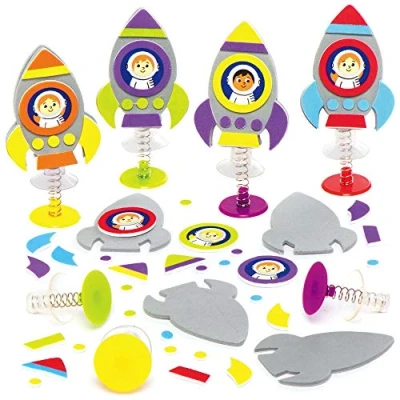 Abbildung von Baker Ross AX181 Weltraumraketen Springspielzeuge, 8 Stück, kleines Knallspielzeug mit lustigen Raumfahrer Figuren zum Basteln, Schaumstoff Aufkleber, Kunstspielzeug