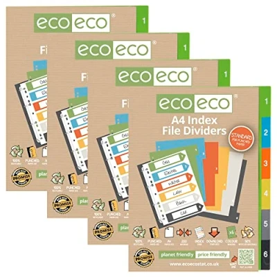 Abbildung von eco A4, 50% recycelt, mehrfach gelocht, verstärkte Farbe, recyceltes Set, 6 Register 200 mic (4 Stück), eco026x4, Standard