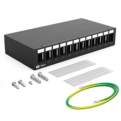 Abbildung von hb digital 12 Port Patchpanel Gehäuse für Keystone Module mit z.B. RJ45 Buchse RJ11 Socket Antennenstecker F Verbinder USB C A BF/AF HDMI Polklemme Gewindebuchse BNZ Schwarz