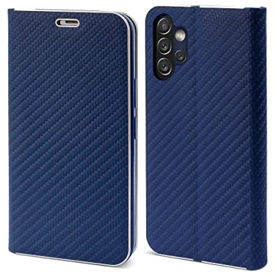 Abbildung von Moozy Hülle für Samsung A13, Dunkelblau Carbon Metallischer Kantenschutz Klapphülle Handyhülle mit Kartenfach und Standfunktion