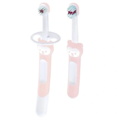 Abbildung von MAM Learn to Brush Set, zwei Babyzahnbürsten mit Schutzschild, ideal, um Säuglingen die Zahnhygiene beizubringen, Trainingszahnbürste für Babys, mehrfarbig