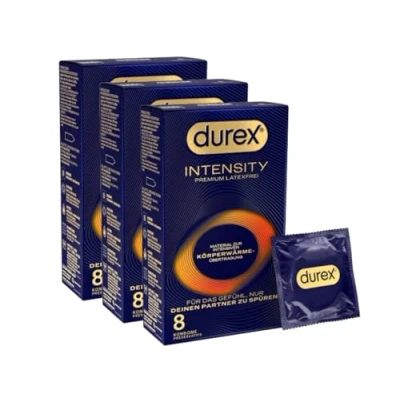 Abbildung von Durex Intensity Kondome Ultra dünn plus für intensive Körperwärmeübertragung Mit viel Silikongleitgel befeuchtet Ohne Latex 24er Pack (3 x 8 Stück)