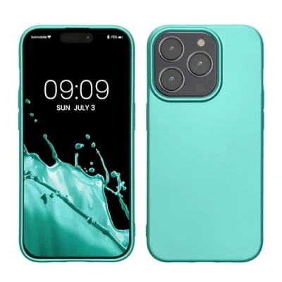 Abbildung von kwmobile Case kompatibel mit Apple iPhone 15 Pro Hülle Schutzhülle aus Silikon metallisch schimmernd Handyhülle Metallic Türkis