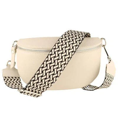Abbildung von MIRROSI® Bauchtasche Damen, Echtleder, Made in Italy, Umhängetasche, Brusttasche, Crossbody Bag (1 Tasche &amp; 2 Gurte) (Beige (FLECHT Beige), Große (28x18x9cm))