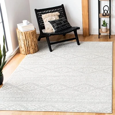 Abbildung von Safavieh Boho Teppich für Wohnzimmer, Esszimmer, Schlafzimmer Tulum Collection, Kurzer Flor, Hellgrau und Elfenbein, 122 X 183 cm