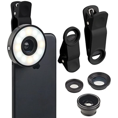 Abbildung von Somikon LED Fotoleuchte: 4in1 Vorsatz Linsen Set mit Weitwinkel, Makro, Fischauge und Ring (Objektiv, Vorsatzlinse, iPhone Smartphone)