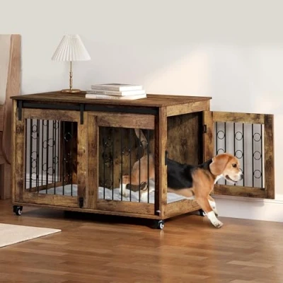 Abbildung von EUGAD Hundebox für Zuhause, Hundekäfig mit 2 Türen 5 Rädern, Hundegitter große mittlere kleine Hunde, Hundehaus 100x65x56 cm, Beistelltisch, aus Metall Holzwerkstoff, Vintagebraun, 0353GL