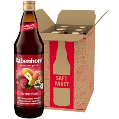 Abbildung von RABENHORST Antistress 6er Pack (6 x 700 ml). Mehrfrucht Rote Bete Saft in Bio Qualität mit Matcha und Spirulina Algen