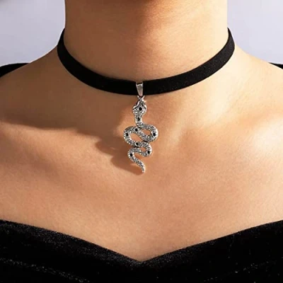 Abbildung von Cubahop Schwarz Flanell Choker Halsketten Schlange Kragen Halskette Kette Schmuck für Frauen und Mädchen (Silber)