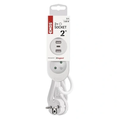Abbildung von EMOS Steckdosenleiste mit USB, 2 Fach Mehrfachsteckdose und 3X USB Port, Meter Verlängerungskabel, 2X A + 1x C Anschluss, max. 3,4A Ladestrom, erhöhter Berührungsschutz, IP20 für Innen