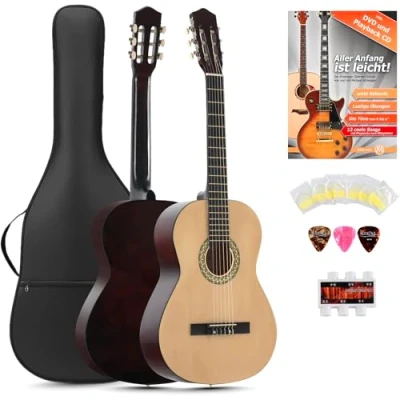 Abbildung von Classic Cantabile AS 851 Linkshänder Konzertgitarre 4/4 Starter Set (6 Saiten, Lindenholz, Griffbrett: Blackwood, Zubehörset inkl. Tasche, Schule, Stimmpfeife, Nylonsaiten) natur