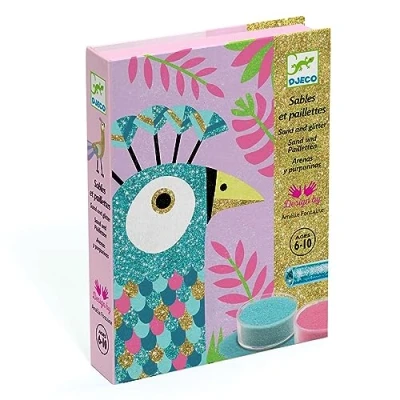 Abbildung von Djeco DJ08663 Kreativ SET Sandbilder Dazzling Birds MIT Glitzers Spielzeug multicoloured für Kinder, Größe: One Size, Multi coloured