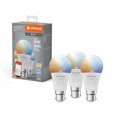 Abbildung von LEDVANCE Smarte LED Lampe mit WiFi Technologie für B22d Sockel, matte Optik ,Lichtfarbe änderbar (2700K 6500K), 806 Lumen, Ersatz herkömmliche 60W Leuchtmittel, smart dimmbar, 3 er Pack