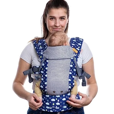 Abbildung von Beco Gemini Cool Babytrage Neugeborene ab Geburt bis Kleinkind 4 Tragepositionen, Baby Trage, Geburt, Ergonomischer Carrier mit verstellbarem Sitz, 3 16 kg (Regentropfen)